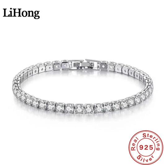 Lihong S925 Bracelet en argent sterling Zircone Tennis Ball Femmes Mode Simple Engagement Mariage Charme Bijoux 4mm 16-20cm