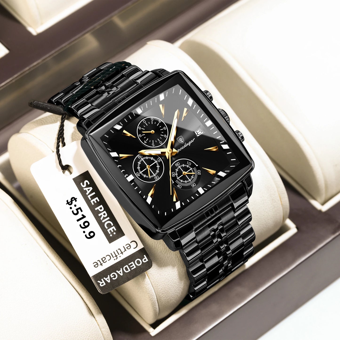 POEDAGAR Business Men Clock Waterproof Luminous Calendar Chronograph Square Man Watch Stainless Steel Quartz Men’s Watches Reloj