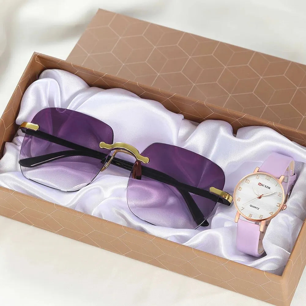 Montre de mode pour femmes Bracelet décontracté Montres Lunettes Ensemble dames Cadran simple Quartz