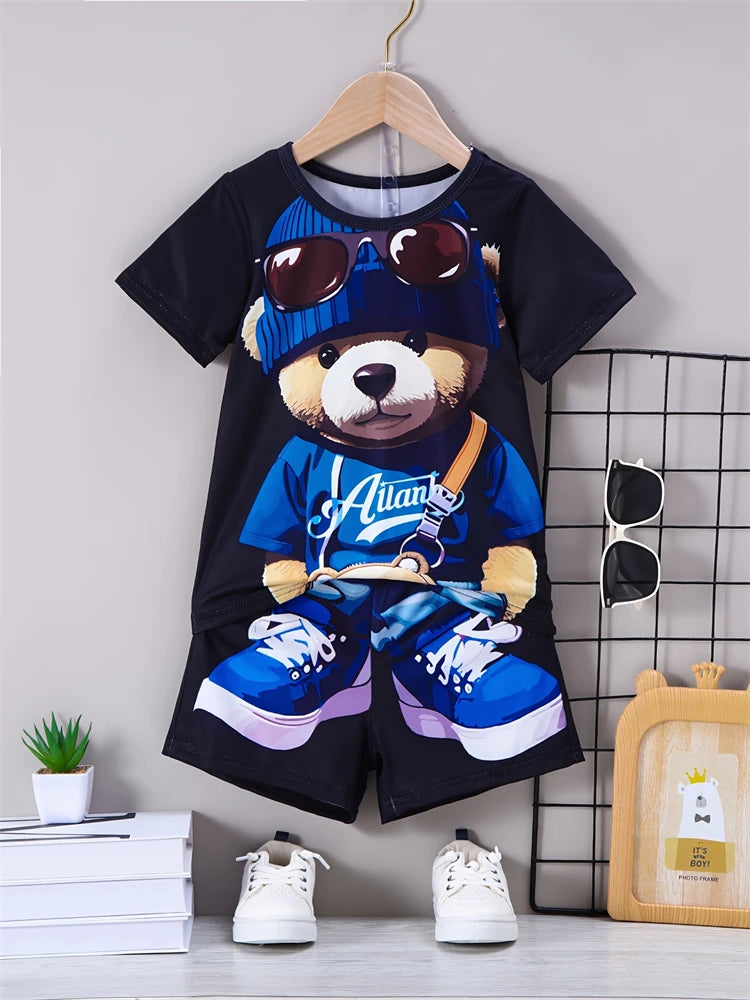 Été Quotidien Casual Hommes à manches courtes Sports de plein air Pantalon de plage pour hommes Mode Bear Print T-shirt et short pour hommes 2pcs Set