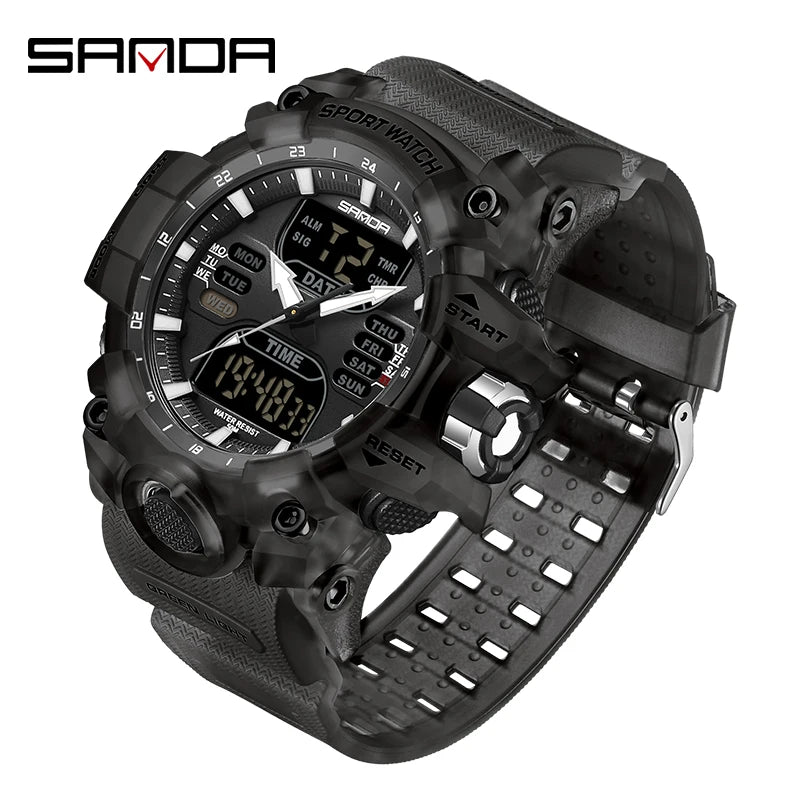 SANDA Luxury G Style Montre électronique pour hommes Sports de plein air LED Analogique Numérique Chronographe Militaire Double Affichage 50M Étanche
