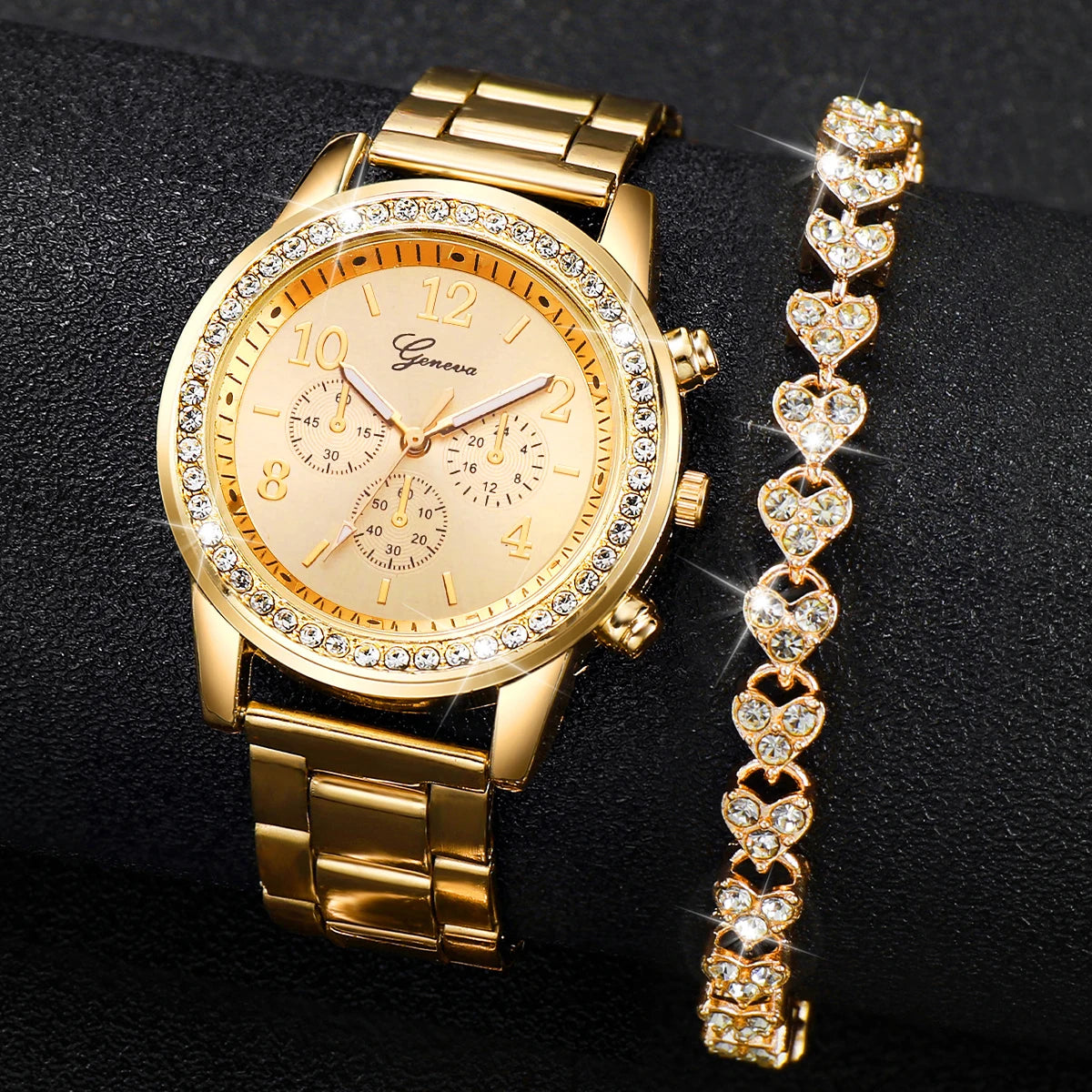 Montre à quartz de couleur or en acier inoxydable pour femmes et bracelet en diamant