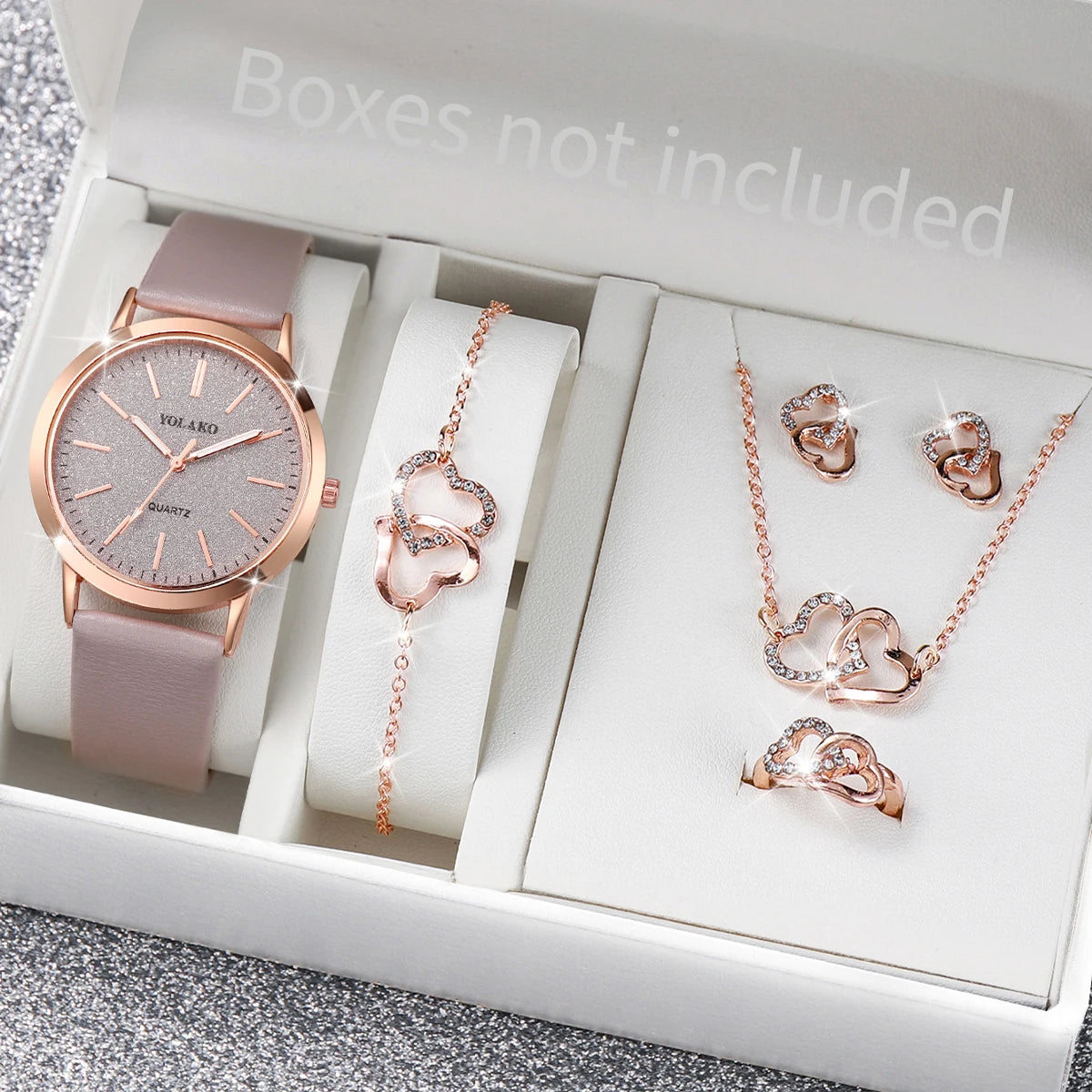 6pcs/set Montre à quartz à bracelet en cuir pour femmes et ensemble de bijoux de couleur or rose cœur amoureux