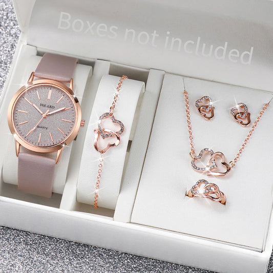 6pcs/set Montre à quartz à bracelet en cuir pour femmes et ensemble de bijoux de couleur or rose cœur amoureux