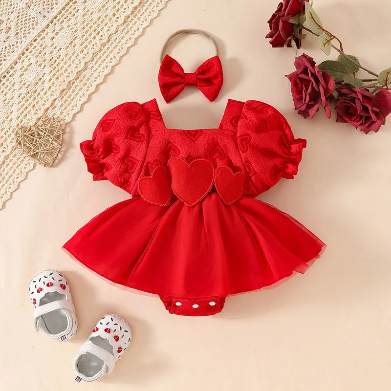 Saint-Valentin bébé cœur body mignon nouveau-né jupe en tulle bouffante manches courtes tout-petit une pièce vêtements d’été pour bébé