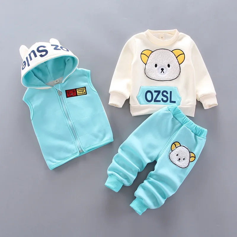 Automne Hiver Bébé Garçons Fille Vêtements Ensembles Épais Polaire Dessin Animé Ours Veste Gilet Pantalon 3Pcs Coton Sport Costume Tenues Chaudes
