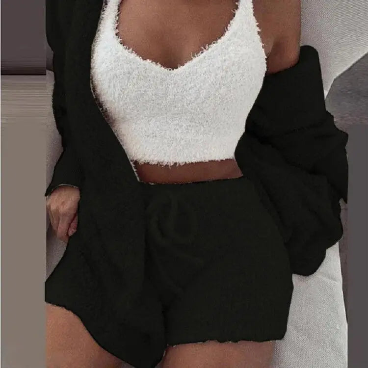Ensemble de pyjamas moelleux pour femmes Vêtements de nuit décontractés Débardeur et shorts Grande taille Sweat à capuche Loisirs Homsuit Hiver 3 Pièces Pijamas