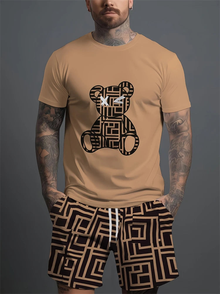 Été Quotidien Casual Hommes à manches courtes Sports de plein air Pantalon de plage pour hommes Mode Bear Print T-shirt et short pour hommes 2pcs Set