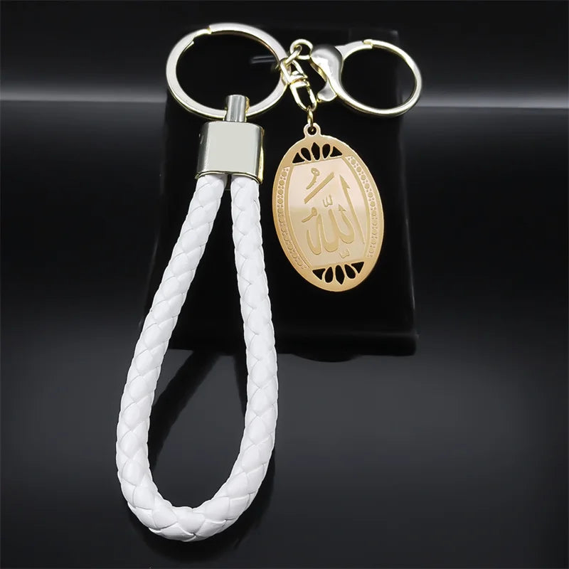 Islamique Arab Allah Pendentif en acier inoxydable Porte-clés pour femmes Hommes Couleur or PU Cuir Musulman Arabe Porte-clés Bijoux Llaveros