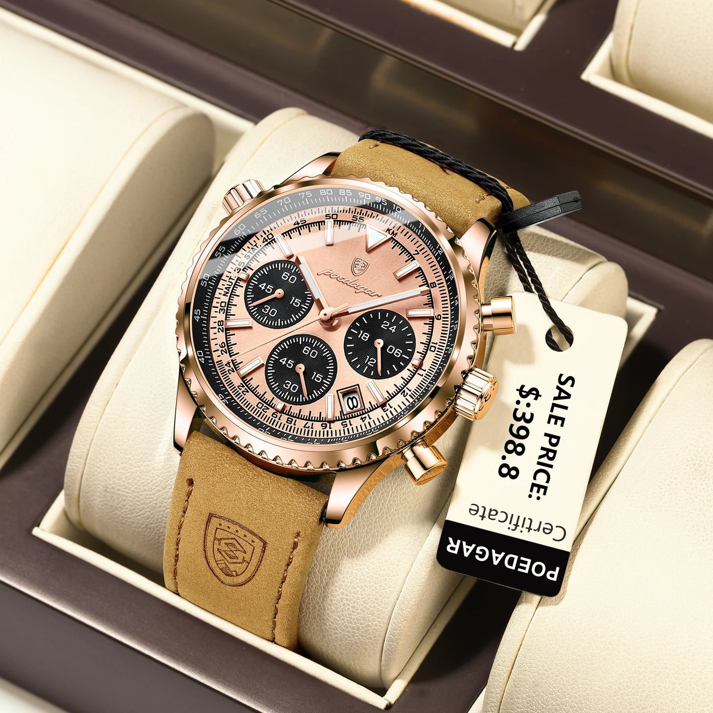 POEDAGAR Montre de luxe pour homme Quartz Étanche Lumineux Date Chronographe Cuir Hommes Montre-Bracelet Militaire Sports Hommes Montres Reloj