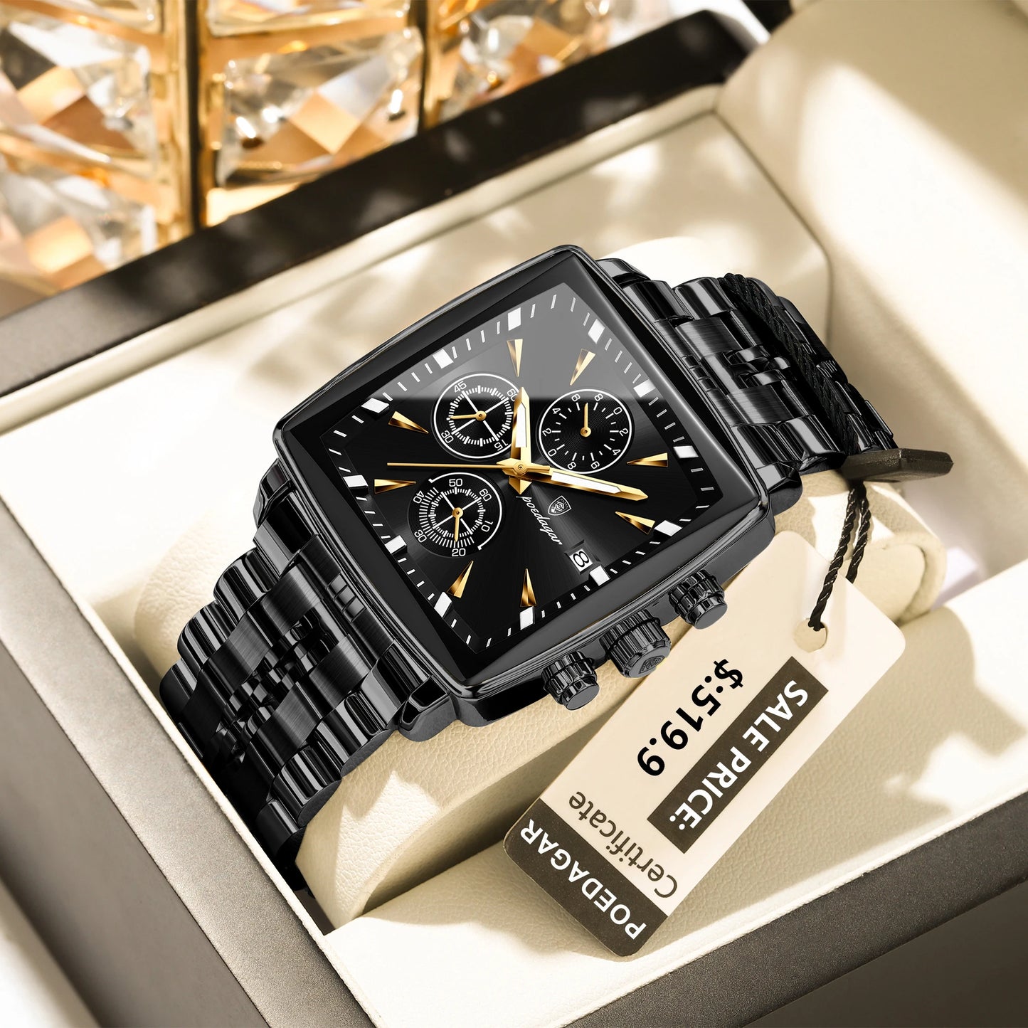 POEDAGAR Business Men Clock Waterproof Luminous Calendar Chronograph Square Man Watch Stainless Steel Quartz Men’s Watches Reloj