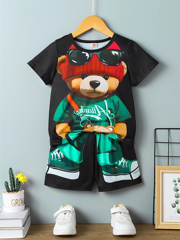 Été Quotidien Casual Hommes à manches courtes Sports de plein air Pantalon de plage pour hommes Mode Bear Print T-shirt et short pour hommes 2pcs Set