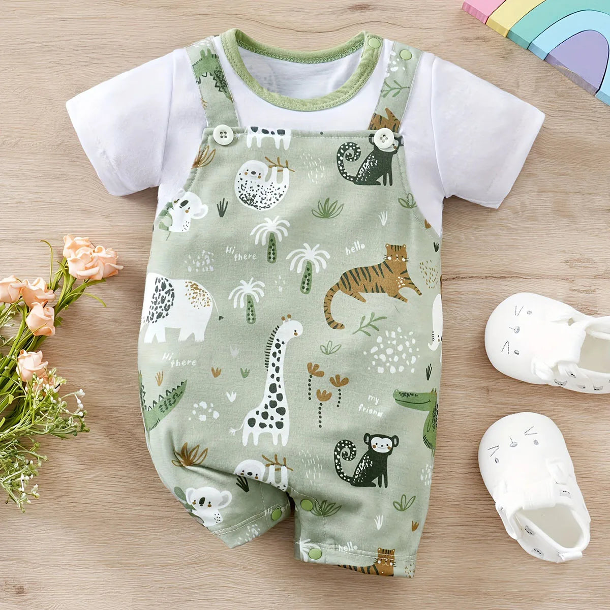 IURNXB Adorable Baby Zoo Animal Print Romper pour garçon Nouveau-né Faux Body deux pièces avec manches courtes Vêtements de jeu décontractés