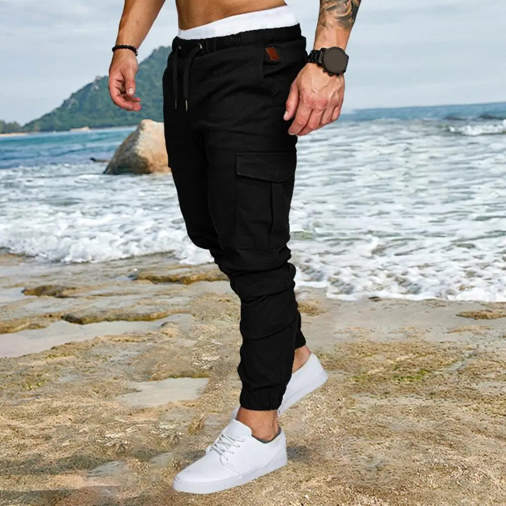 Pantalon en coton pour hommes Pantalon cargo à bande de cheville pour hommes avec cordon de serrage à la taille Poches multiples pour l’entraînement en salle de sport en plein air pour le confort