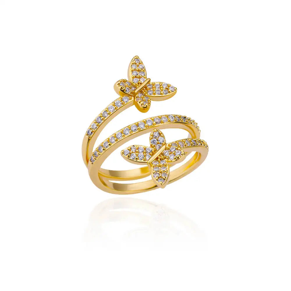 Zircon Double Layer Open Rings For Women Gold Color Adjustable Stainless Steel Ring Wedding Aesthetic Jewelry Gift Bijoux Femme