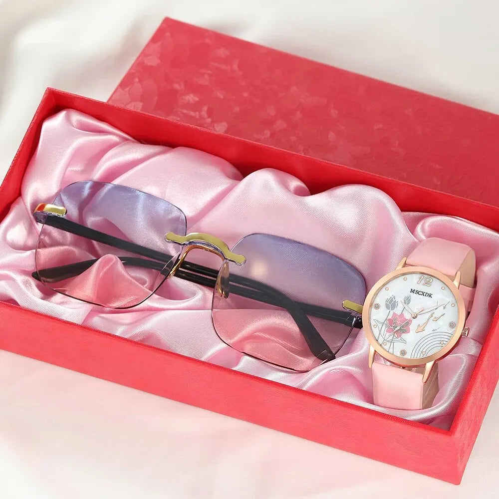 Montre de mode pour femmes Bracelet décontracté Montres Lunettes Ensemble dames Cadran simple Quartz