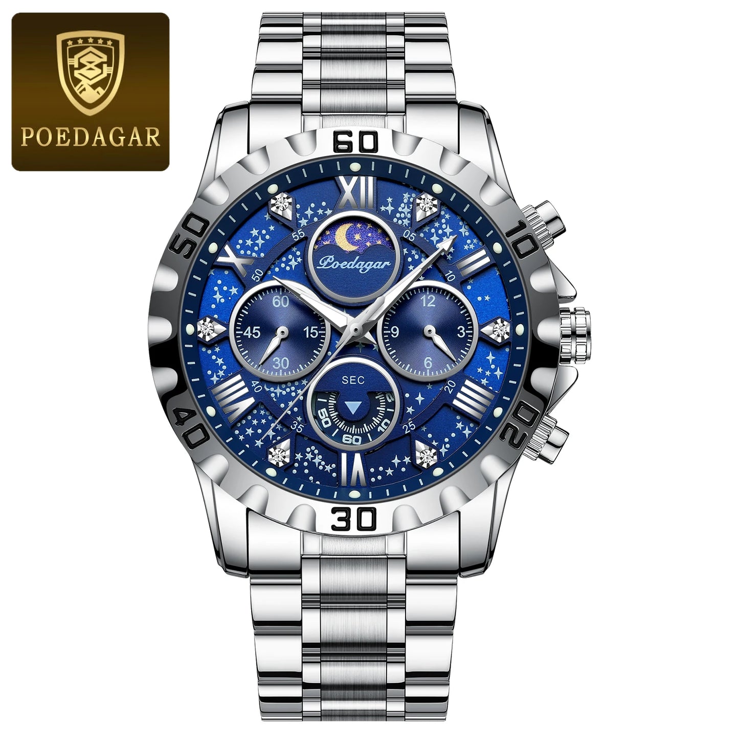 POEDAGAR Montre de luxe pour homme Quartz Sports étanche Lumineux en acier inoxydable Chronographe Hommes Montres Horloge Reloj Reloj