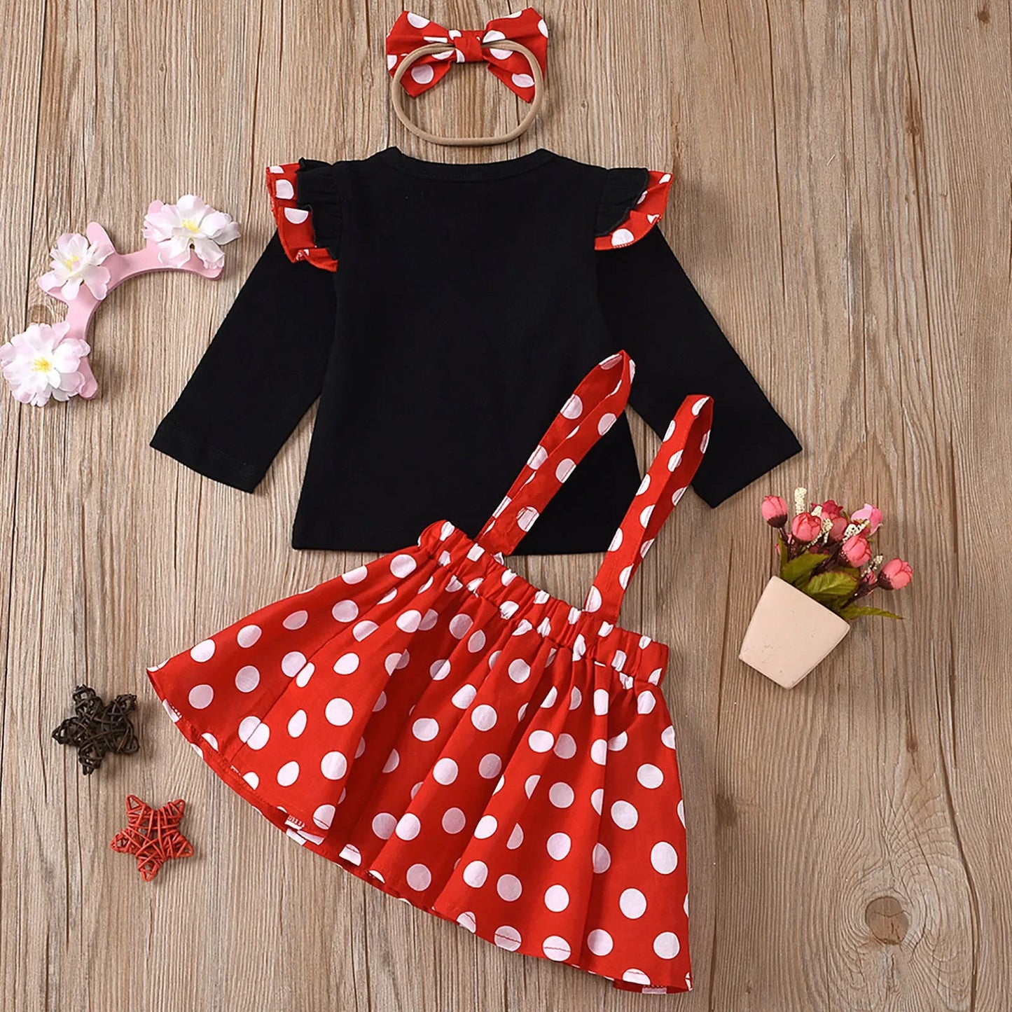 1-5 ans Tenue pour enfants Ensemble de vêtements pour bébés Fille Costume d’anniversaire d’été Enfants À pois Tops Jupe Minnie Robe Cosplay avec bandeau
