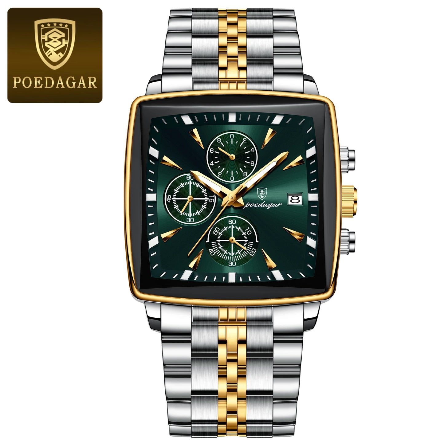 POEDAGAR Business Men Clock Waterproof Luminous Calendar Chronograph Square Man Watch Stainless Steel Quartz Men’s Watches Reloj