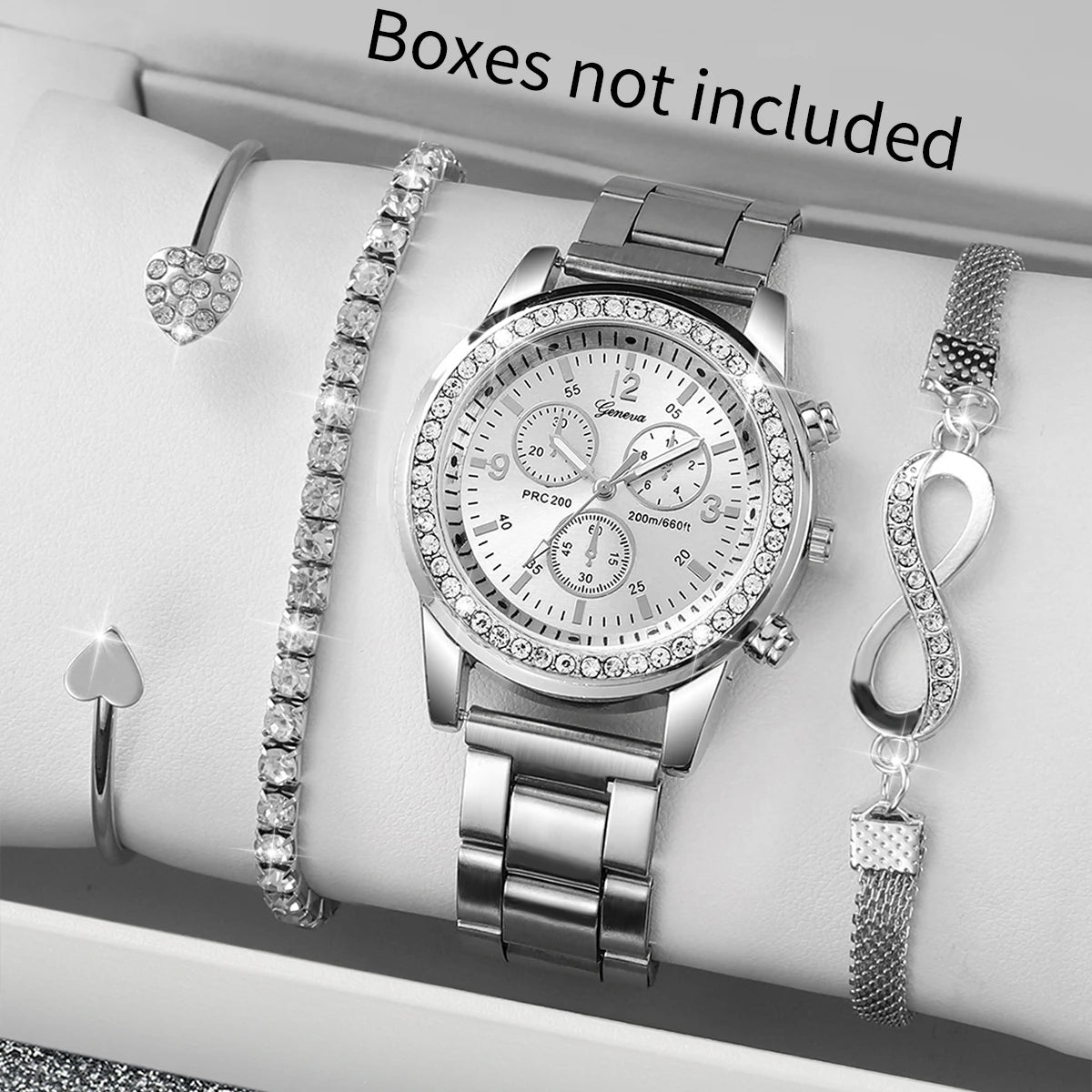 Montre à quartz en acier inoxydable de couleur argent pour femmes et ensemble de bijoux en perles d’argent