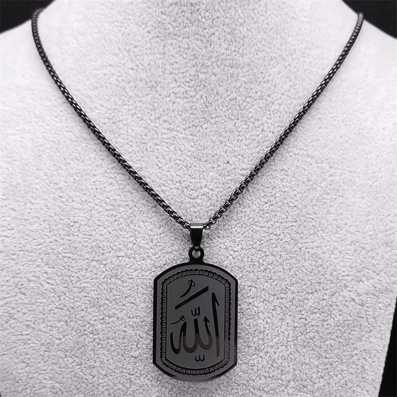 Islamique Arabe Allah Bénédiction Dieu Pendentif Colliers pour Hommes/Femmes Acier Inoxydable Couleur Noire Arabe Islam Chaîne Collier Bijoux