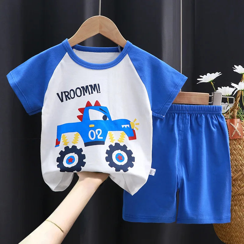 Dessin animé d’été T-shirt Shorts Enfants Ensemble Coton Tees Pantalons Loisirs Garçons et Filles Bébés Vêtements Casual 2pcs