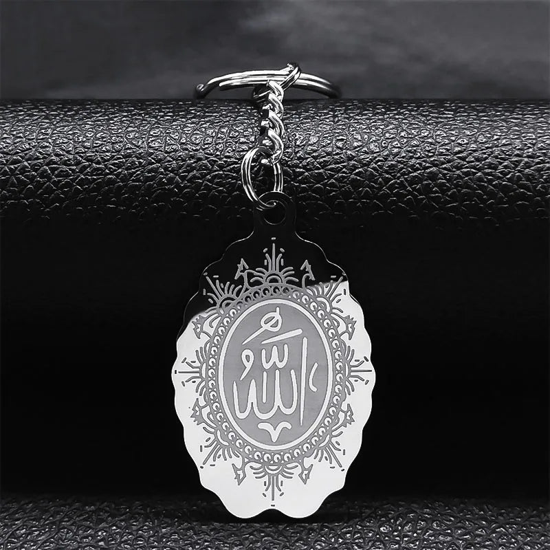 Islam Bijoux Musulman En Acier Inoxydable Porte-clés Dieu Rond Pendentif De Voiture Islamique Allah Porte-clés Bijoux Arabe Cadeau Religieux N2229