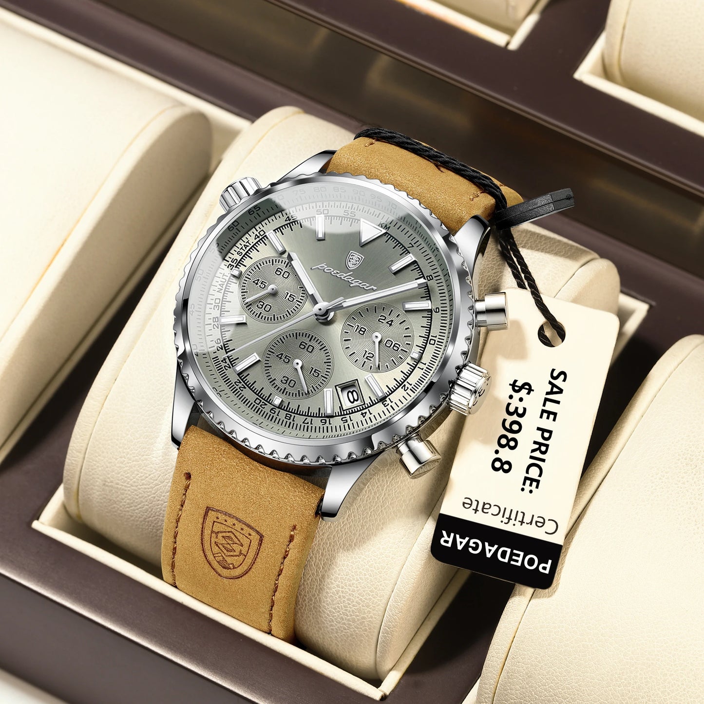 POEDAGAR Montre de luxe pour homme Quartz Étanche Lumineux Date Chronographe Cuir Hommes Montre-Bracelet Militaire Sports Hommes Montres Reloj