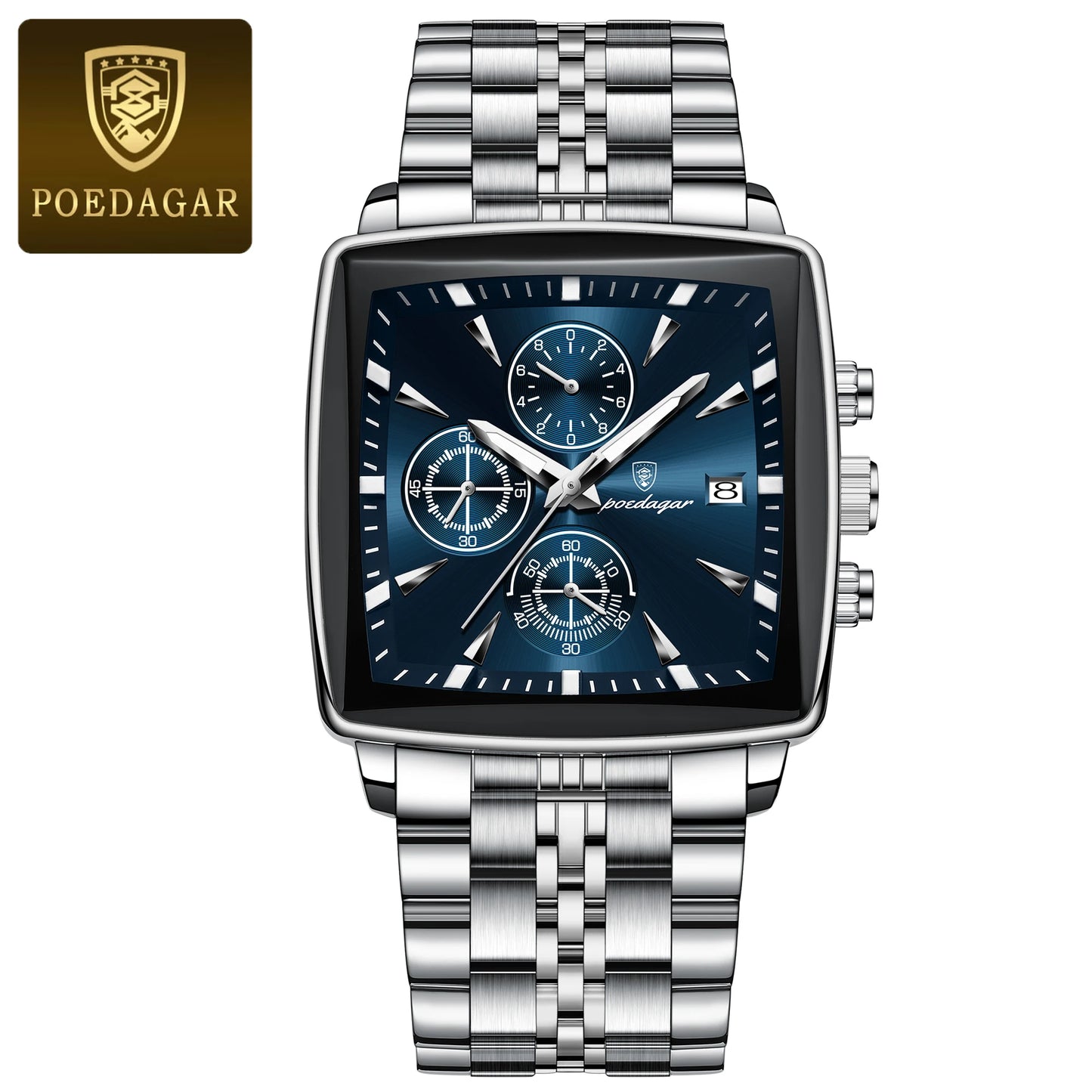 POEDAGAR Business Men Clock Waterproof Luminous Calendar Chronograph Square Man Watch Stainless Steel Quartz Men’s Watches Reloj