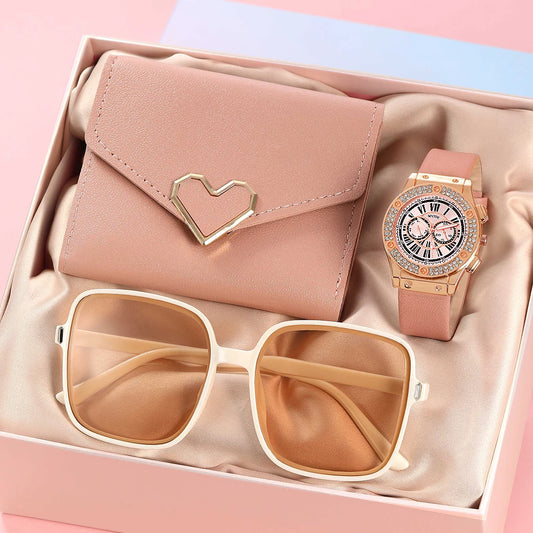 3PCS Ensemble Femmes Casual Montres En Cuir Quartz Montres-Bracelets Et Dames Coeur Bow Portefeuille Lunettes Lunettes De Soleil Horloge Montre Femme