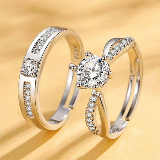 Ensemble d’anneaux de fiançailles pour femmes hommes couleur argent zircone bague à doigt ouvert taille bijoux de mariage réglables pour couple amoureux cadeau