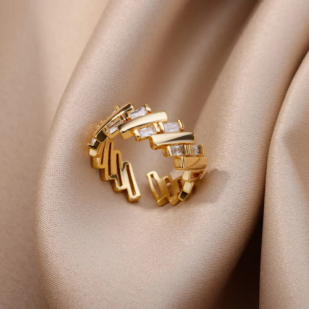 Zircon Double Layer Open Rings For Women Gold Color Adjustable Stainless Steel Ring Wedding Aesthetic Jewelry Gift Bijoux Femme