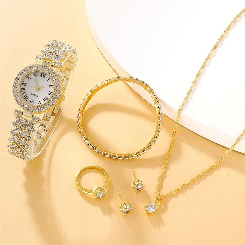6pcs Ensemble de montres Ensemble de luxe Strass Femmes Mode Élégant Montre-bracelet Quartz Montre Pour Fille Dames Horloge Montre Femme