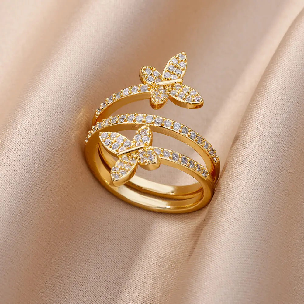 Zircon Double Layer Open Rings For Women Gold Color Adjustable Stainless Steel Ring Wedding Aesthetic Jewelry Gift Bijoux Femme