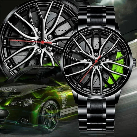 Montres de sport pour hommes de mode Roue de voiture 3d Bande de voiture en acier inoxydable Montre-bracelet Montre à quartz