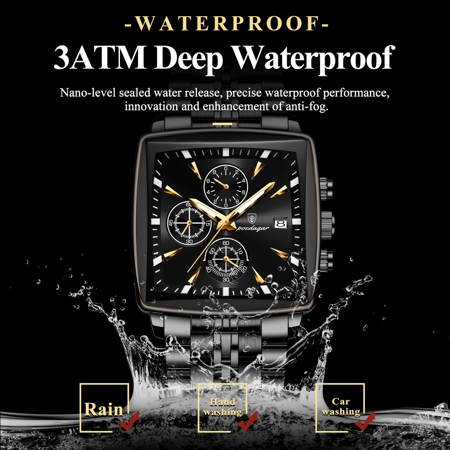 POEDAGAR Business Men Clock Waterproof Luminous Calendar Chronograph Square Man Watch Stainless Steel Quartz Men’s Watches Reloj