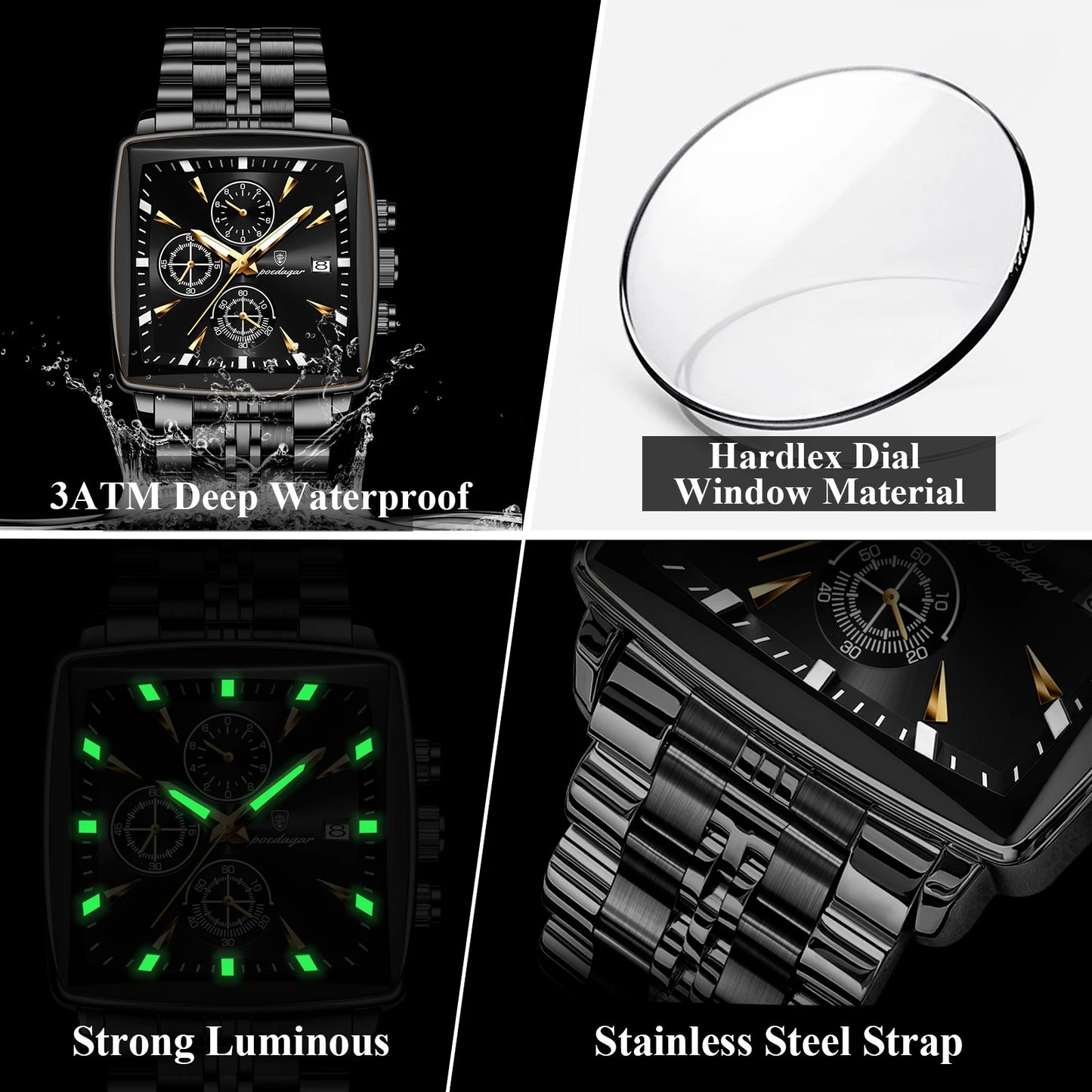 POEDAGAR Business Men Clock Waterproof Luminous Calendar Chronograph Square Man Watch Stainless Steel Quartz Men’s Watches Reloj